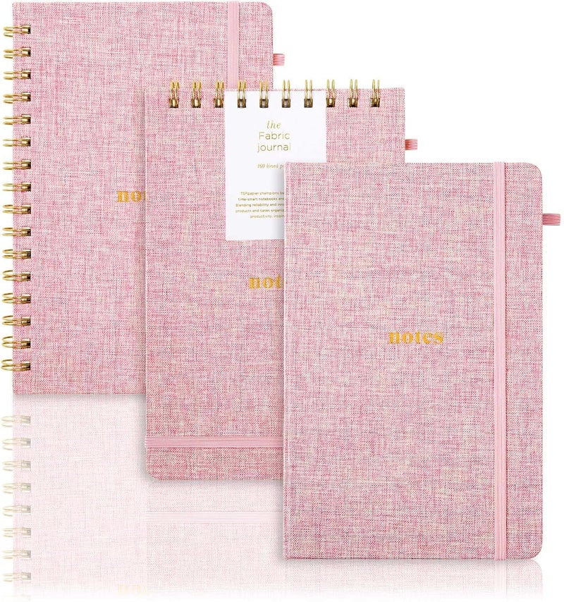 TSFPapier A5 Lined Journal Notebook – Hardcover Fabric Cover 160 Pages 100 GSM Thick Paper With Elastic Band & Pen Holder College Ruled Writing Notebooks for Work School Travel 3pack Pink Set - Image 1